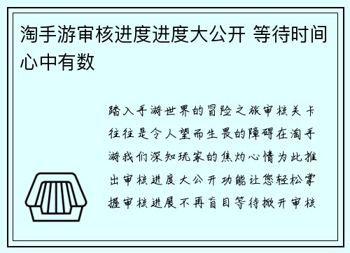 淘手游审核进度进度大公开 等待时间心中有数